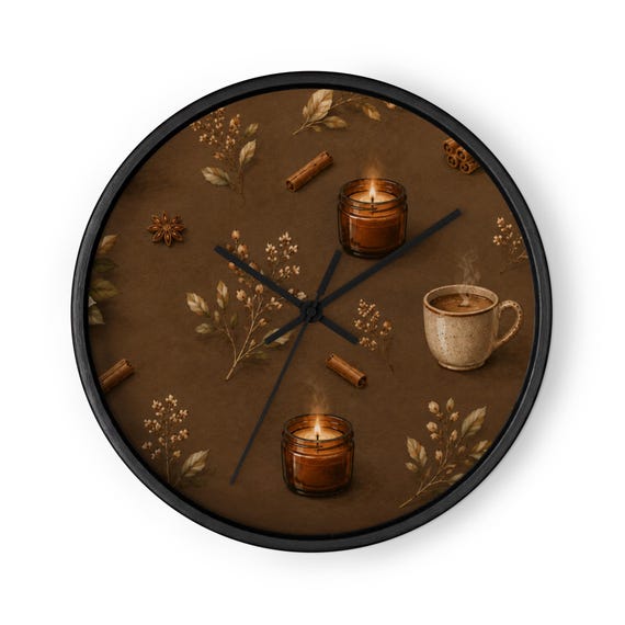 Cozy Coffee Cinnamon Wall Clock, Rustic Kitchen Decor, Warm Botanical Design