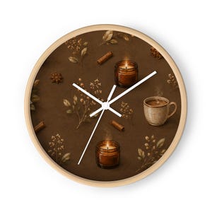 Cozy Cinnamon Coffee Wall Clock, Rustic Kitchen Clock, Cottagecore Home Decor, Coffee Bar Wall Decor, Warm Brown Botanical Clock