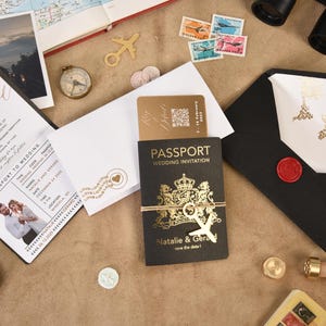 Black Passport Invitation Gold Foil, Custom Couple Portrait, Destination Wedding Invite with Airplane Charm, Boarding Pass RSVP QR Code