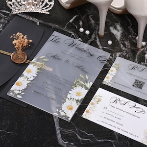Faire-part de mariage marguerite en acrylique, Faire-part de mariage transparent fleurs sauvages, Faire-part de mariage marguerite en acrylique, Carte Rsvp avec QR Code