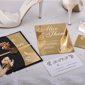Set di inviti per nozze di lusso in acrilico dorato, inviti trasparenti con stampa in lamina d'oro, eleganti inviti per Quinceanera