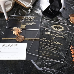 Faire-part de mariage rustique en acrylique avec impression de feuille d'or et cartes RSVP en acrylique, mariage avec logo monologue, ensembles d'invitations de fête