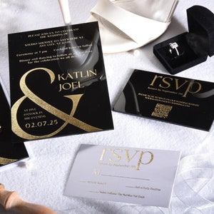 Luxus-Hochzeitseinladungen aus Acryl mit Goldfolie Details | Antwortkarten mit Antwort-QR-Code Acryl-Einladungen für elegante Hochzeiten