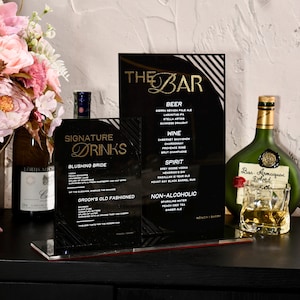 Bar Menü Schild Hochzeit Schwarz und Gold Acryl, Hochzeit Getränkekarte, Signature Getränke Schild, Bar Beschilderung Cocktailkarte, His and Hers Getränke Schild