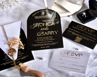 Black Acrylic Wedding Invitations: Gold Foil, QR Code RSVP