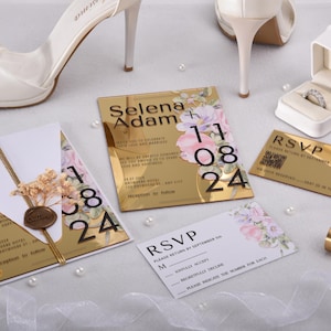 Invitación de boda de flores silvestres de acrílico, invitaciones de boda de flores silvestres esmeriladas, tarjetas de respuesta de acrílico, invitaciones de acrílico con espejo dorado para boda