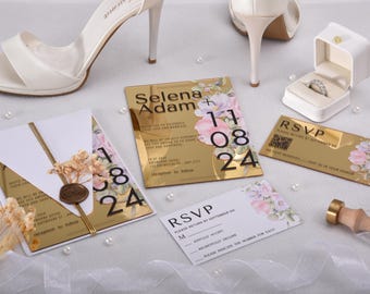 Wildflower Wedding Invitation Acrylic, Frosted Wild Flower Wedding Invites, Acrylic Rsvp Cards, Gold Mirror Acrylic Invites for Wedding