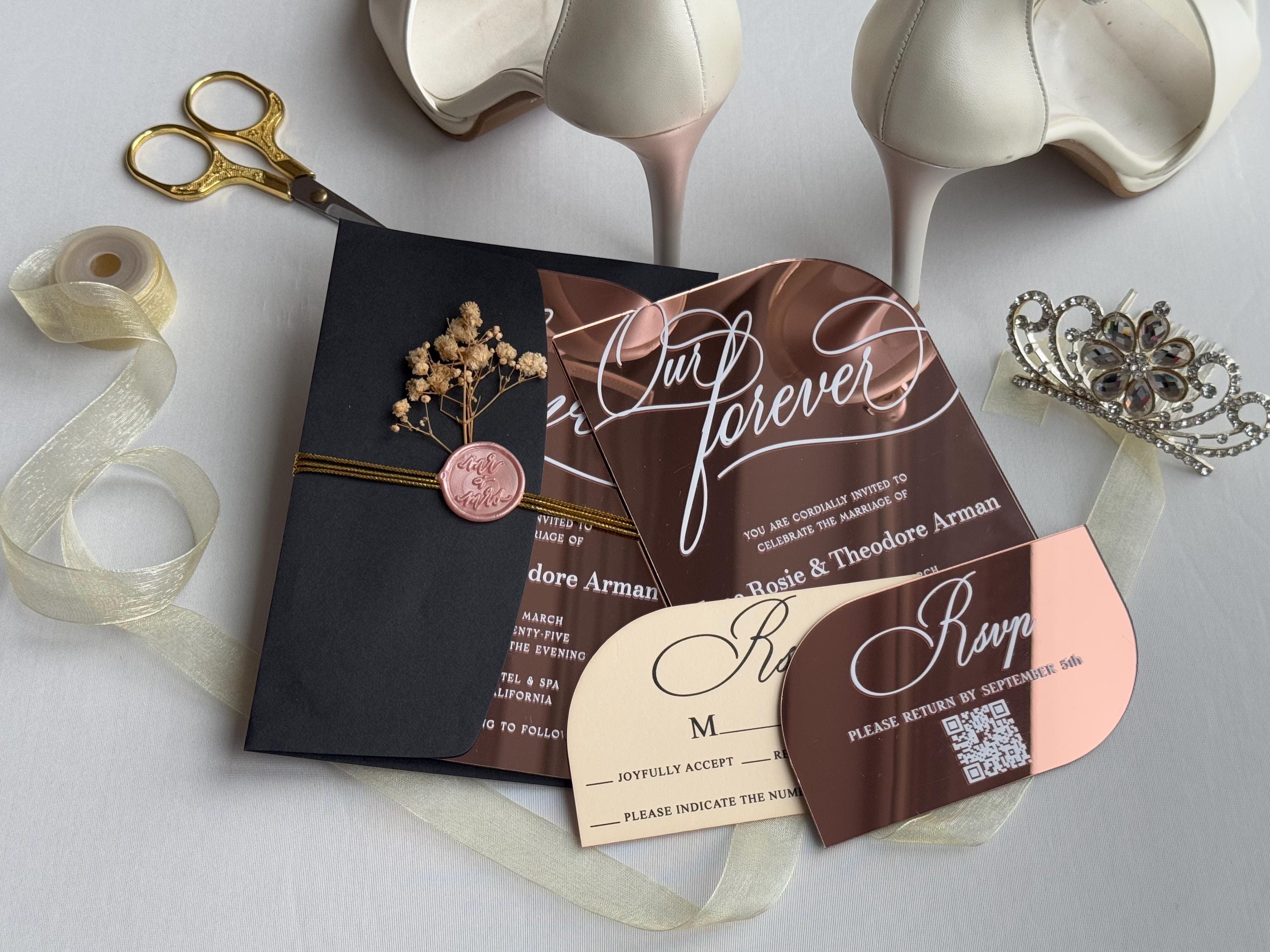 Rose Gold Mirror Acrylic Wedding Invitations with Wax Seal
