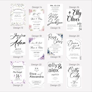 May include: A collage of 10 different wedding invitation designs with various floral patterns, fonts, and color schemes. The designs include names like Rosie & Chris, Jessica & Adam, and Elly & Alex.