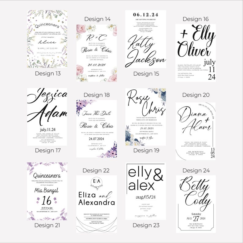 May include: A collage of 10 different wedding invitation designs with various floral patterns, fonts, and color schemes. The designs include names like Rosie & Chris, Jessica & Adam, and Elly & Alex.