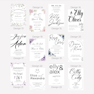 May include: A collage of 10 different wedding invitation designs featuring various floral patterns, fonts, and colour schemes. The designs include names such as Rosie & Chris, Jessica & Adam, and Elly & Alex.