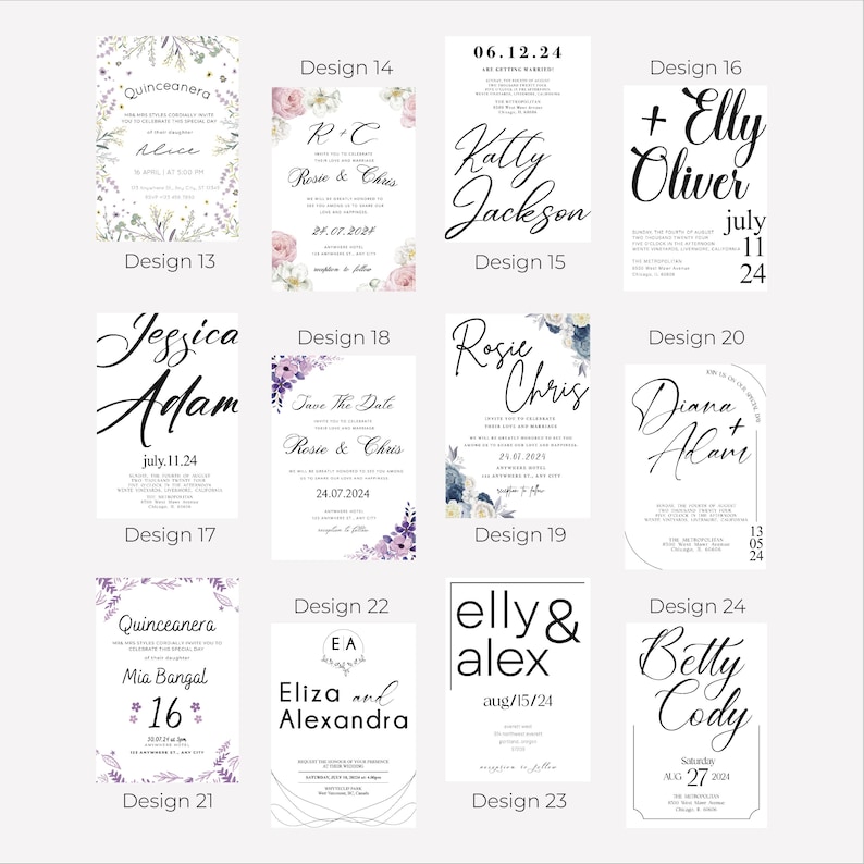 May include: A collage of 10 different wedding invitation designs featuring various floral patterns, fonts, and colour schemes. The designs include names such as Rosie & Chris, Jessica & Adam, and Elly & Alex.