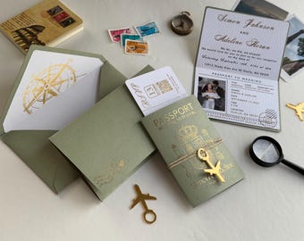 Gold Foil Sage Green Passport Wedding Invitation Set