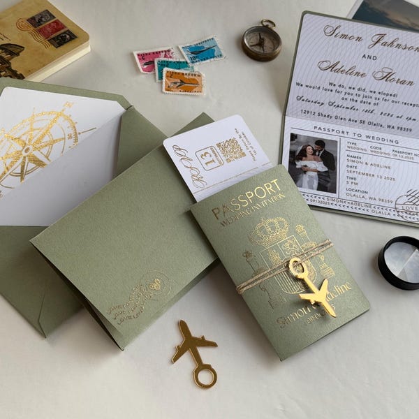 Gold Foil Sage Green Passport Wedding Invitation Set