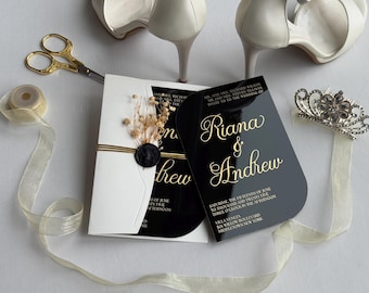 Luxury Black Acrylic Wedding Invitation: Gold Foil, Wax Seal