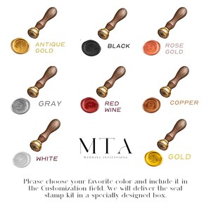 May include: Nine wax seal stamps with wooden handles and different colored wax seals. The wax seals are antique gold, black, rose gold, gray, red wine, copper, white, and gold. The text "MTA Wedding Invitations" is below the stamps.