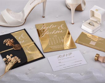 Gold Mirror Acrylic Wedding Invitations with Calendar Design, Elegant Quinceañera Invites,  Acrylic Wedding Invitations with RSVP QR Code