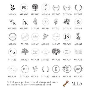 May include: A grid of 35 black and white stamp designs with text labels below each design. The labels are numbered MTA01 through MTA35. The text "Select your preferred seal stamp and enter its number in the customization field." is below the grid. A black and white stamp with the text "MTA" is below the text.