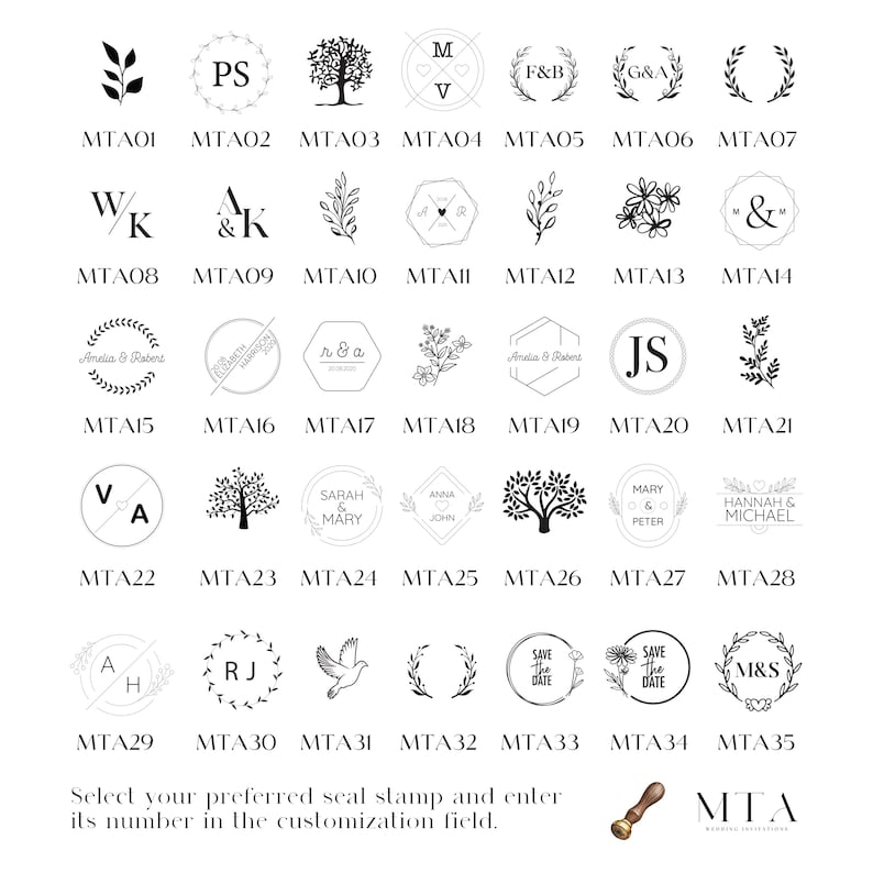 May include: A grid of 35 black and white stamp designs with text labels below each design. The labels are numbered MTA01 through MTA35. The text "Select your preferred seal stamp and enter its number in the customization field." is below the grid. A black and white stamp with the text "MTA" is below the text.