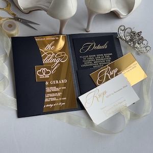 Elegante conjunto de convites de casamento em acrílico dourado triplo, cartões de casamento e envelopes pretos, cartão de detalhes e RSVP, papelaria personalizada para casamento