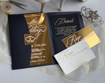 Elegant Tri Fold Gold Acrylic Wedding Invitation Suite, Wedding Cards and Black Envelopes, Details Card and RSVP, Custom Wedding Stationery