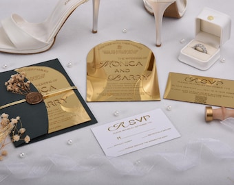 Luxury Gold Acrylic Wedding Invitation | Gold Foil RSVP & Details Card | QR Code RSVP | Elegant Wax Seal | Modern Wedding Suite