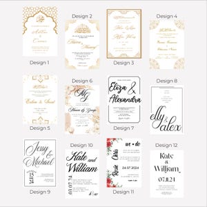 May include: Twelve different wedding invitation designs with various fonts, colors, and styles. The designs feature names like "Ailetine & Conner", "Haven & Masave", "Eslem & Secat", "Eliza & Alexandra", "Haura & George", "Jessy & Michael", "Kate & William", "Rosie Chris", "Elly & Alex", and "Kate & William".