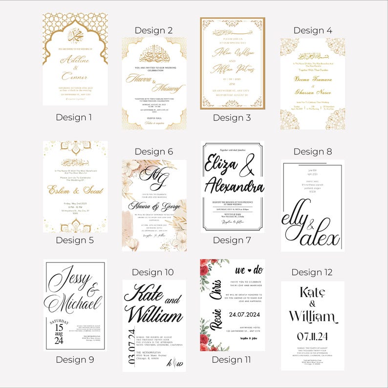 May include: Twelve different wedding invitation designs with various fonts, colors, and styles. The designs feature names like "Ailetine & Conner", "Haven & Masave", "Eslem & Secat", "Eliza & Alexandra", "Haura & George", "Jessy & Michael", "Kate & William", "Rosie Chris", "Elly & Alex", and "Kate & William".