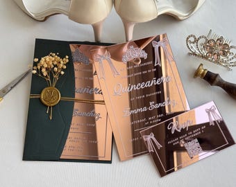 Rose Gold Acrylic Quinceañera Invitation with Crown and Bow | Sweet 16 Mirror Invite with QR Code RSVP and Wax Seal | Mis 15 Años Card