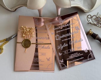 Rose Gold Mirror Acrylic Quinceañera Invitation: Butterfly Sweet 16 Party