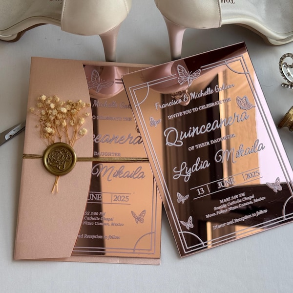 Rose Gold Mirror Acrylic Quinceañera Invitation: Butterfly Sweet 16 Party