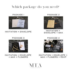 May include: Four wedding invitation packages with different options. Package 1 includes an invitation and envelope. Package 2 includes an invitation, envelope, and wax seal. Package 3 includes an invitation, envelope, wax seal, and flowers. Package 4 includes an invitation, envelope, wax seal, flowers, and RSVP card.