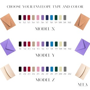 May include: Choose your envelope type and color.  Model X, Model Y, and Model Z envelopes are shown in different colors.  The colors are labeled with letters and numbers.  The envelopes are all the same size.