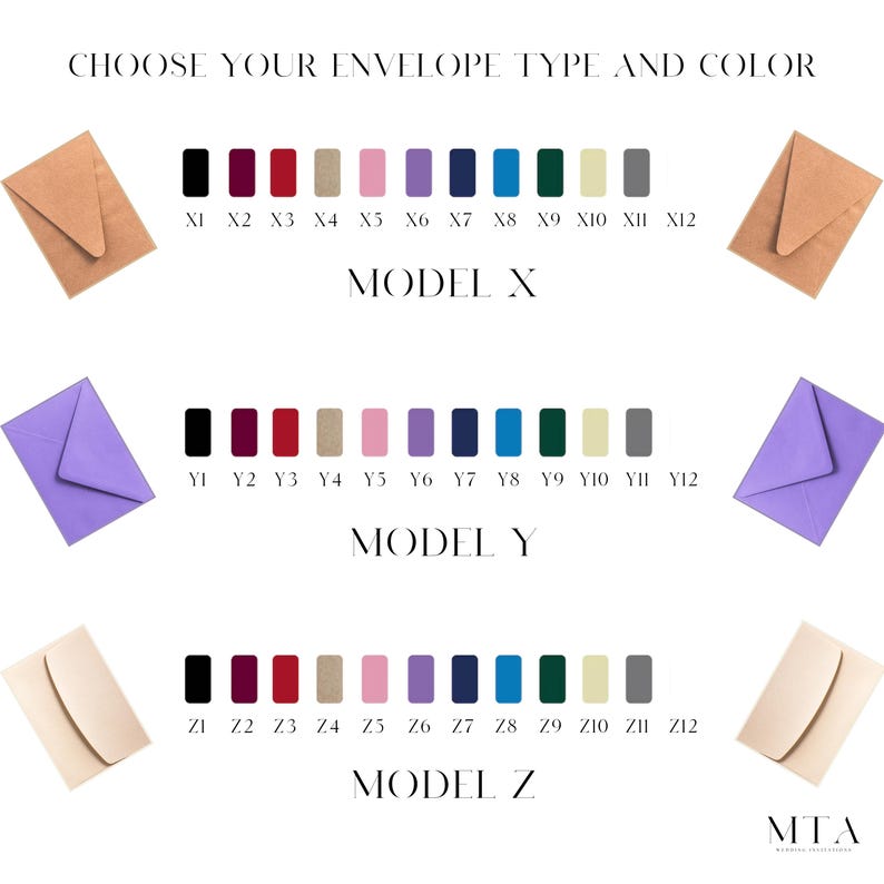 May include: Choose your envelope type and color.  Model X, Model Y, and Model Z envelopes are shown in different colors.  The colors are labeled with letters and numbers.  The envelopes are all the same size.