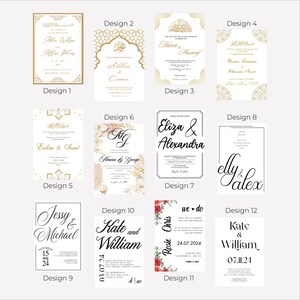 May include: Twelve different wedding invitation designs featuring a variety of fonts, colours, and patterns. The designs incorporate floral, geometric, and calligraphy elements. The names of the couples are included in each design.