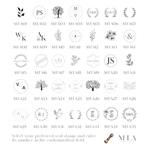 May include: A grid of 35 black and white stamp designs with text labels below each design. The labels are numbered MTA01 through MTA35. The text "Select your preferred seal stamp and enter its number in the customisation field." is below the grid. A black and white stamp with the text "MTA" is below the text.