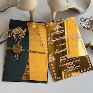 Gold Mirror Acrylic Quinceañera Invitation: Butterfly Wax Seal, QR RSVP
