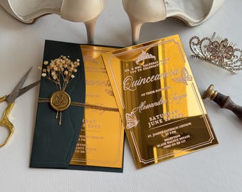 Gold Mirror Acrylic Quinceañera Invitation: Butterfly Wax Seal, QR RSVP