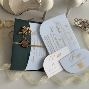 Luxuriöse Hochzeitseinladungen aus Acryl mit Goldfolie und Antwort-QR-Code | Acryl-Einladungen für Hochzeiten, Quinceamaßas, Acrylhochzeitskarte