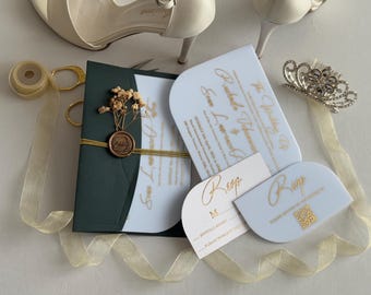 Luxurious Acrylic Wedding Invitations with Gold Foil and RSVP QR Code | Acrylic Invitations for Weddings, Quinceañeras, Acrylic Wedding Card