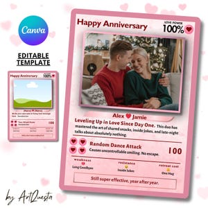 Plantilla de tarjeta temática de Pokémon, linda tarjeta de aniversario, tarjeta editable de Canva, idea de regalo para parejas, diseño personalizado de tarjeta de amor, regalo de San Valentín
