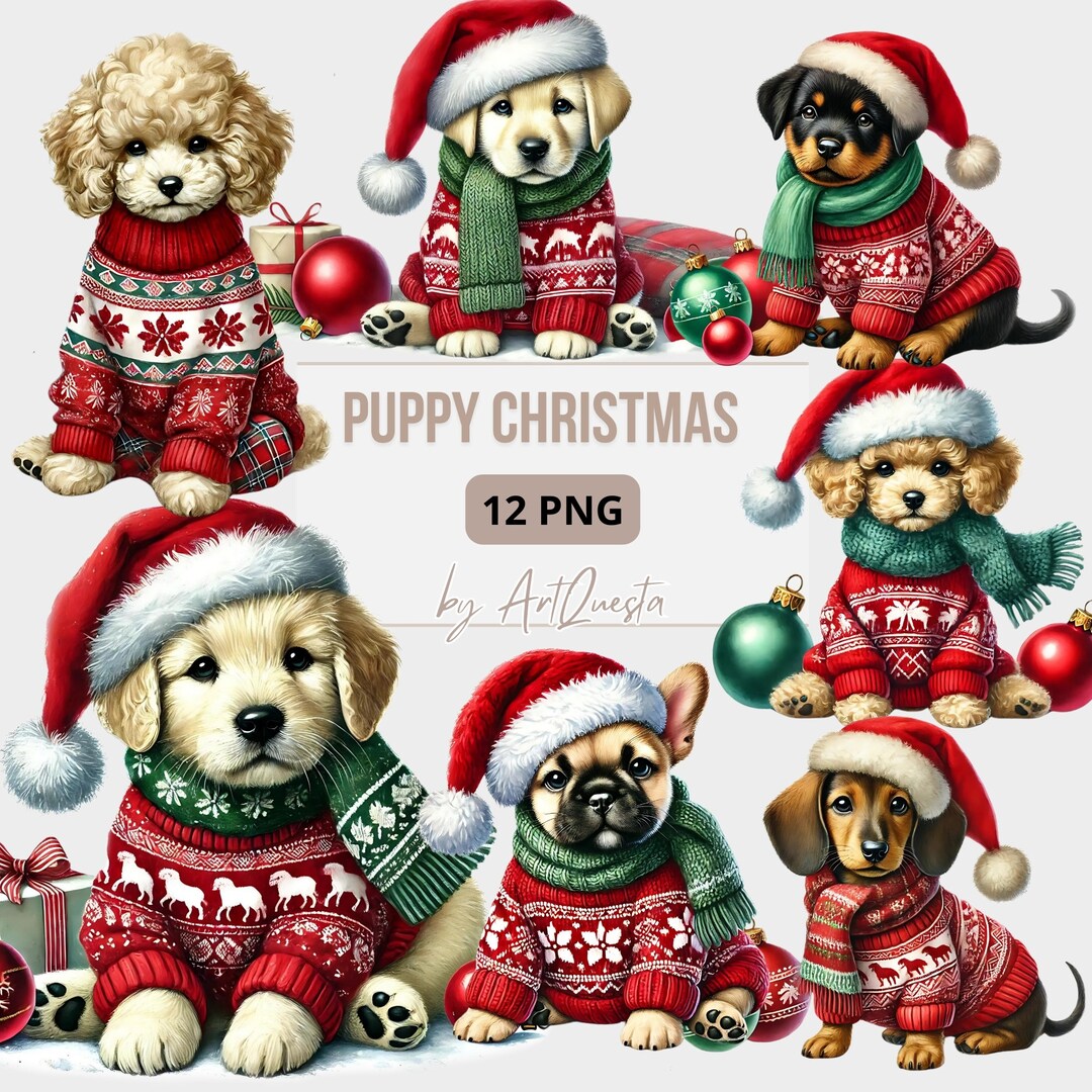 Puppy Christmas Clipart PNG Set, Holiday Dog Clipart Design, Festive ...