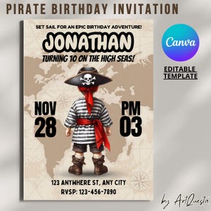 Faire-part d'anniversaire pirate, carte au trésor modifiable, carte de fête pirate, thème nautique, modèle de toile imprimable anniversaire enfant