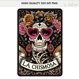 Carta de Tarô La Chismosa PNG, Dia de Los Muertos, Camiseta com Caveira Chola Catrina Espanhola, Mulher Caveira de Açúcar, Chisme Mexicano Engraçado