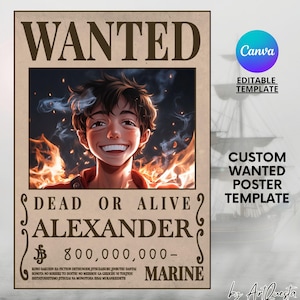 Plantilla de póster de búsqueda personalizada, diseño inspirado en el anime One Piece editable, plantilla de póster de búsqueda de anime Canva, póster pirata personalizado