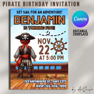 Faire-part d'anniversaire pirate, modèle de toile, invitation fête pirate, faire-part enfant modifiable, carte chasse au trésor imprimable, téléchargement numérique