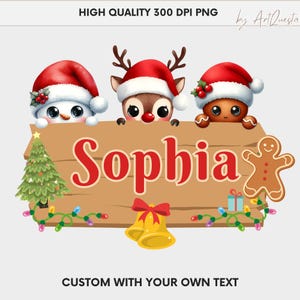 Nombre navideño personalizado PNG, clipart de gorro de Papá Noel, muñeco de nieve, reno y pan de jengibre, diseño de letrero navideño personalizado, diseño de letrero con nombre festivo
