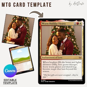 May include: MTG card template with the text "MTG CARD TEMPLATE" and "EDITABLE TEMPLATE". The card features a couple embracing in front of a Christmas tree. The card reads "Warm Holiday Hearts" and "Enchantment of Love".
