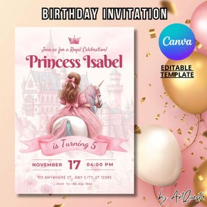 Princess Birthday Invitation, Unicorn Party Invitation, Editable Canva Template, Pink Fairytale Invite, Magical, Castle, Girls Party, Pastel