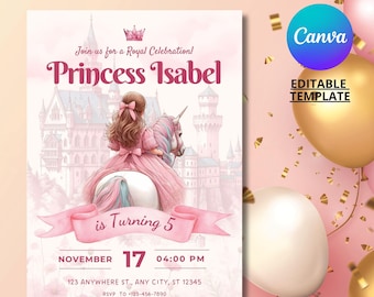 Princess Birthday Invitation, Unicorn Party Invitation, Editable Canva Template, Pink Fairytale Invite, Magical, Castle, Girls Party, Pastel